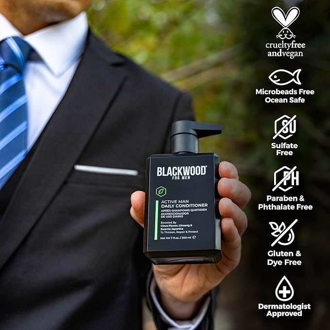 BLACKWOOD FOR MEN Active Man Daily Conditioner - Men's Thickening Conditioner for Hair Loss & Dandruff - Deep Treatment for Shine - Natural Vegan Formula - Sulfate, Paraben, & Cruelty-Free (7 Oz)