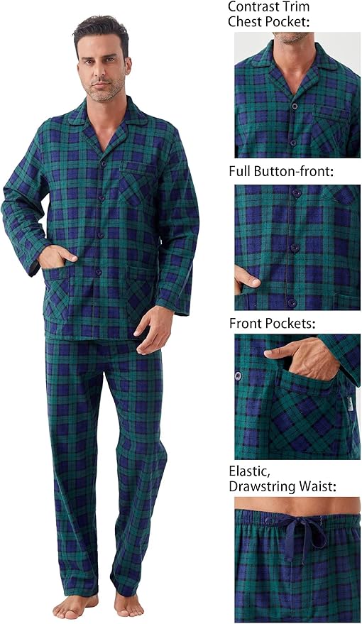 GLOBAL Men's Pajamas Sets 100% Cotton Flannel Sleepwear Long-Sleeve top & Bottom
