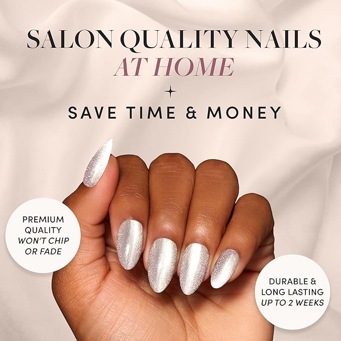 Glamnetic Press On Nails - Oslo | Short Almond Silver Shimmer Nails with a Cat Eye Finish | 15 Sizes - 30 Nail Kit with Glue