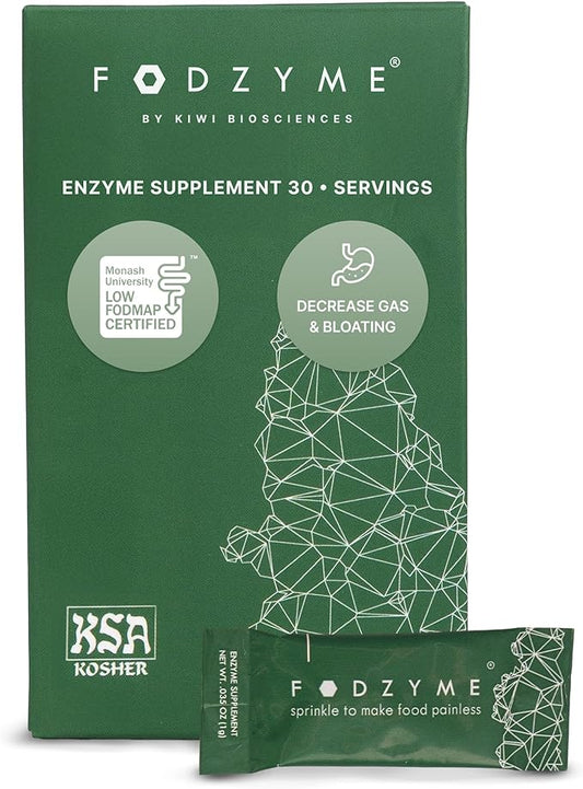 FODZYME® On-The-Go Digestive Enzymes for Gut Health, Relief for Bloating, Gas, Constipation, Diarrhea, Abdominal Pain, Low FODMAP, 30 Dose