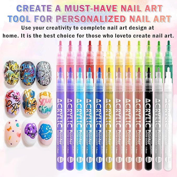 24 Colors Nail Art Pens Set Nail Polish Pens Nail Art Drawing Graffiti Marker Pen Quick Dry Waterproof Nail Art Painting Pens Kit for Home DIY Nail Art Design
