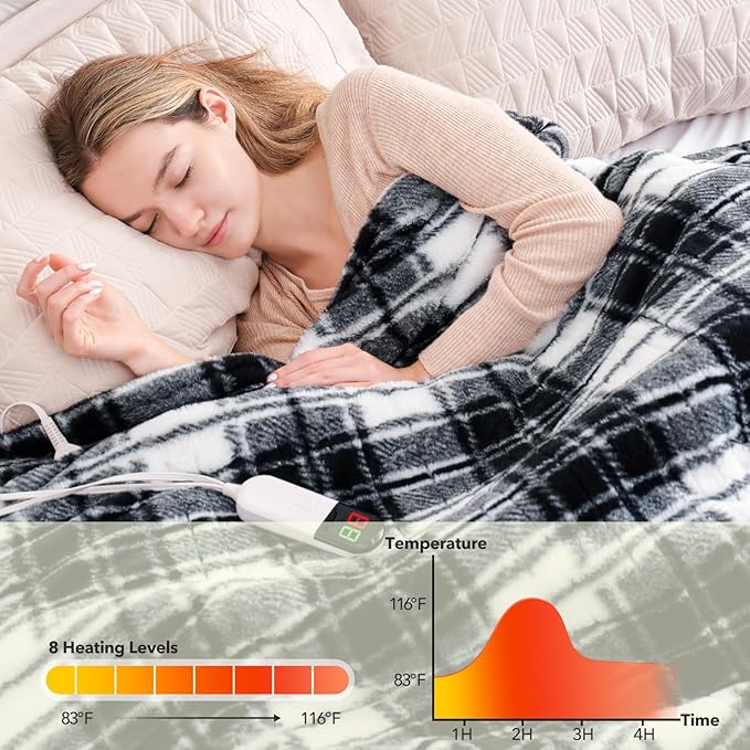 MAXEVE Faux Fur Heated Electric Blanket, 62"x84" Fast Heating Warming Twin Blankets with 8 Heating Levels & 8 Hours Auto Off with Over-Heat Protection & ETL Certified, Plaid Black