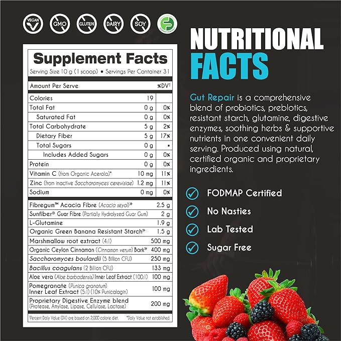 myBrainCo. Gut Repair – Gut Health & Digestion Support Powder for IBS, Bloating, Reflux & Leaky Gut – Low FODMAP Certified with Probiotics, Prebiotics, Enzymes & Glutamine – 310g