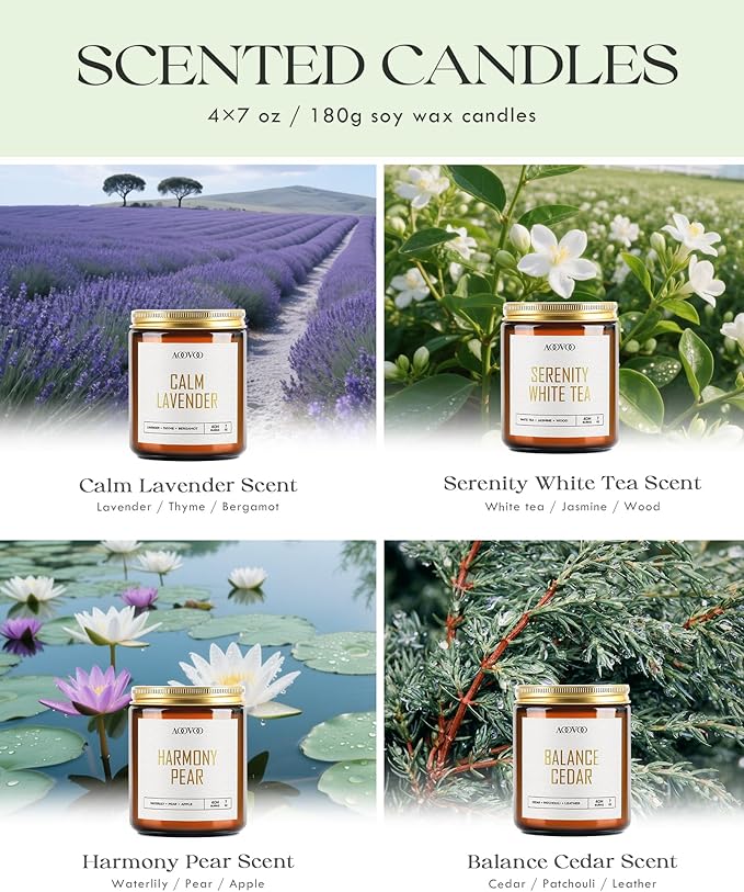 AOOVOO Healing Candle Set - 4PC Scented Candles, 28 oz Soy Candles, Soy Candle for Home Scented, Calm Lavender/Serenity White Tea/Harmony Pear/Balance Cedar