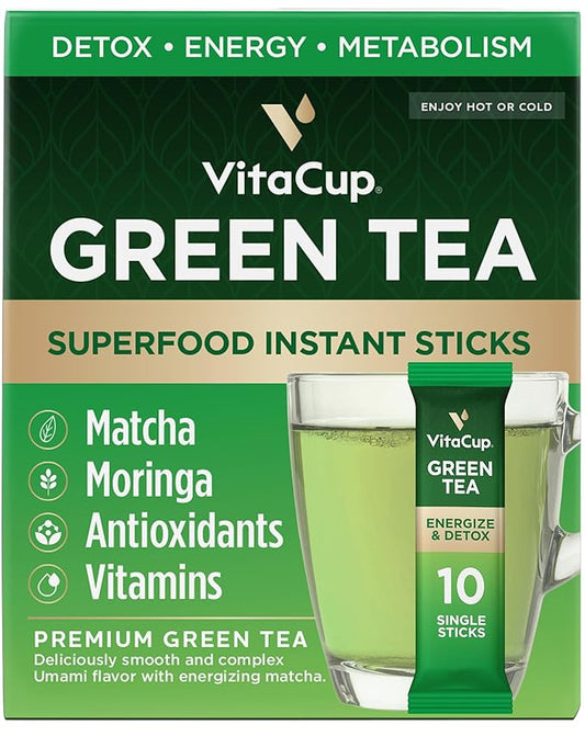 VitaCup Green Tea Instant Packets, Enhance Energy & Detox with Matcha, Moringa, B Vitamins, D3, Fiber, Keto, Paleo, Vegan in Tea Powder Single Serving Sticks, 10 Ct