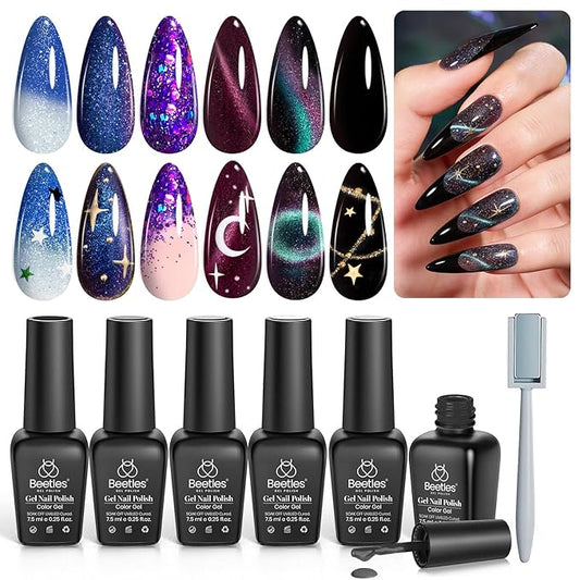 Beetles Cat Eye Gel Polish - Milky Way 6 Colors Gel Polish Set, Black Purple Blue Temperature Changing Glitter Nails, Halloween Galaxy Nails Kit with Magnet Stick Soak Off Uv Lamp Gel