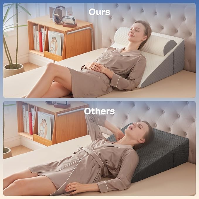 12" Bed Wedge Pillow for Sleeping with Headrest, Wedge Pillow Set for After Surgery Acid Reflux Back Pain Relief, Snoring & Gerd Memory Foam Triangle Incline Headboard Wedge Pillows