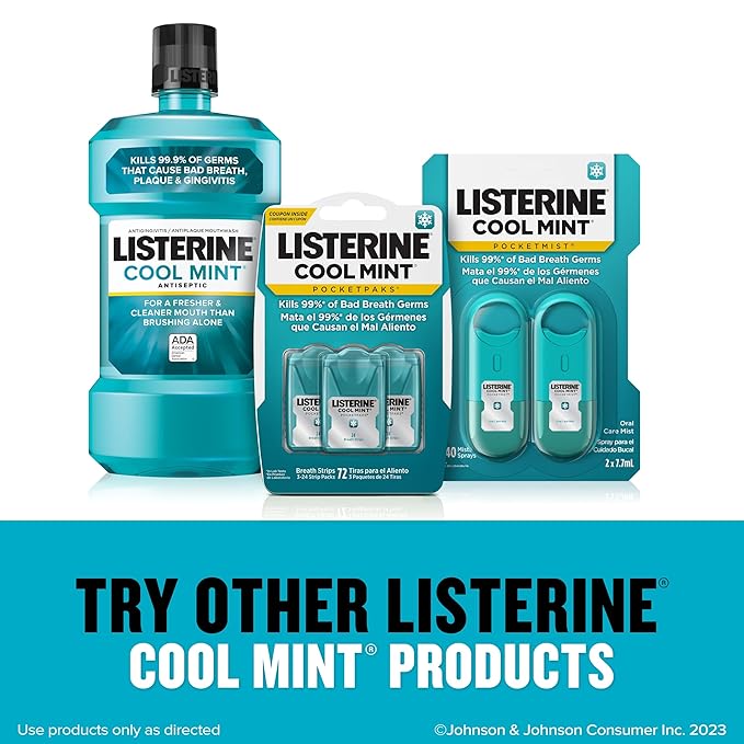 Listerine Cool Mint Pocketmist, Oral Care Mist for Fresh Breath, Non-Aerosol Sugar-Free Bad Breath Refresher Spray to Kill 99% of Bad Breath Germs, Portable, Cool Mint Flavor, 1 Pack of 2 Sprays