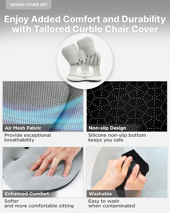 curble Grand(Extra Wide&Sturdy) Cover Set – Ergonomic Back Support Chair with Detachable Cover, Lumbar Support for Posture Correction & Lower Back Pain Relief, Perfect for Home & Office(Set Grey)