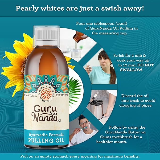 GuruNanda Original Oil Pulling Mouthwash, Promotes Deep Cleaning, With Coconut & Sesame for Teeth & Gum Health & Fresh Breath, ALcohol-free, 3X8.45 Fl Oz