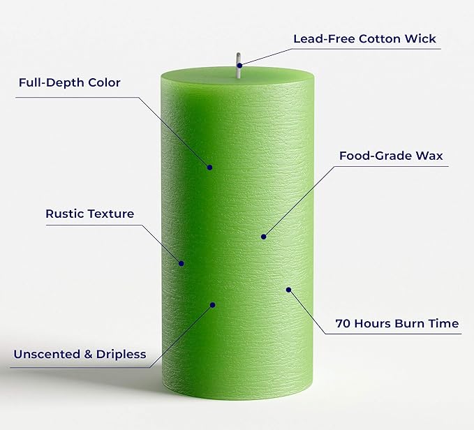 Set of 3 Pillar Candles 3" x 6" Unscented Handpoured Weddings, Home Decoration, Restaurants, Spa, Church Smokeless Cotton Wick - Green