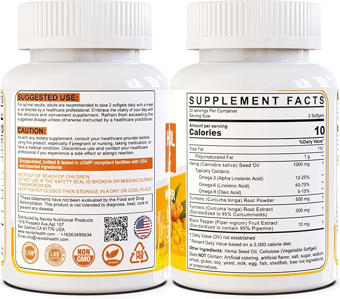 2 Pack Hēmp Oil Capsules with Turmeric - Organic Hēmp Seed Oil Pills with Turmeric Curcumin, Black Pepper - Vegan Omega 3 & 6 Supplement - Extra Strength & Absorption - 120 Softgels