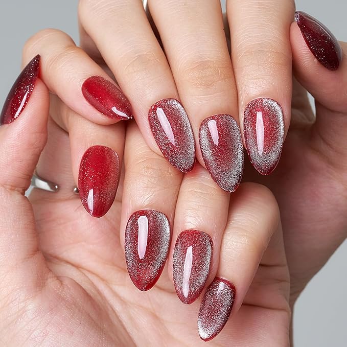 GLAMERMAID Red Magnet Cat Eyes Press on Nails Short Almond, Aurora Handmade Gel Fake Nail Kit, Ombre Rouge Glitter Magnetic Glue on Nail Stiletto, Scarlet Medium Oval Stick on False Nail Set for Women