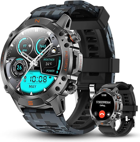 WalkerFit Military Rugged Smart Watch for Men 1.43" AMOLED Smartwatch,Alway-on,3ATM Waterproof for Swim,Accurate HR Sleep Monitor,Bluetooth Call Fitness Watch for iPhone Andriod Compatible,Camouflage