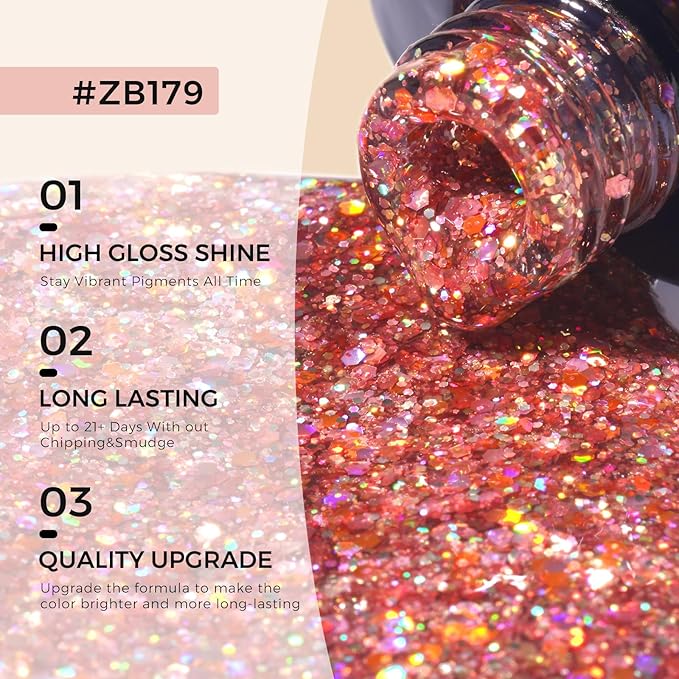 TOMICCA Glitter Gel Polish, 15ml Champagne Gold Sparkly Gel Nail Polish, Soak Off UV Nail Polish Natural Color Nail Art DIY Manicure Salon