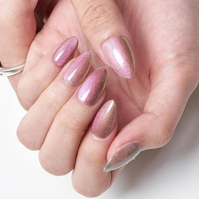 GLAMERMAID Golden Pink Magnet Cat Eye Press on Nails Short Almond, Handmade Chameleon Gel Fake Nail Kit, Ombre Purple Glitter Magnetic Glue on Nail Stiletto, Medium Oval Stick False Nail Set for Women
