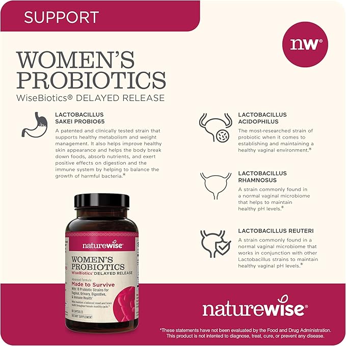 NatureWise Probiotics for Women + Organic Prebiotics D-Mannose & Cranberry - Vaginal Probiotics for PH Balance, Digestive & Urinary Tract - 18 Strains, 20 Billion CFU - 60 Capsules[60-Day Supply]