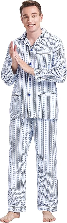GLOBAL Men's Pajamas Sets 100% Cotton Flannel Sleepwear Long-Sleeve top & Bottom
