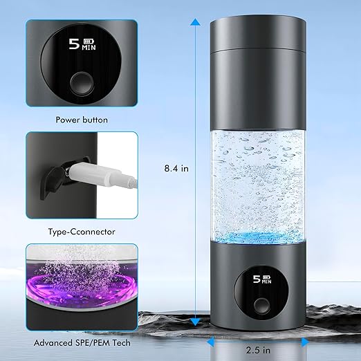 Hydrogen Water Bottle,Up to 6000 PPB Hydrogen Water Bottle Generator,Advanced SPE/PEM Technology,8oz Rechargeable Portable Generator with LED Display