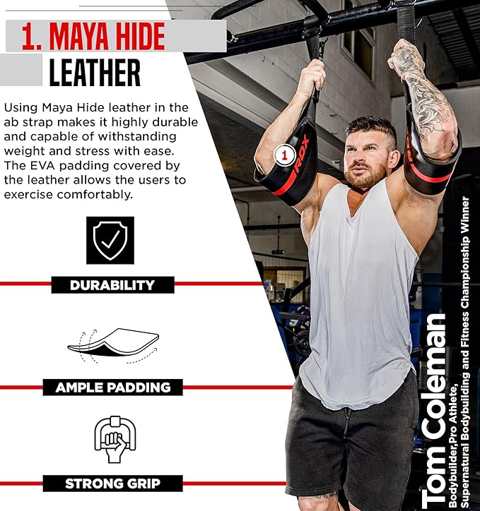 RDX AB Straps for Pull Up Bar Hanging (Pair), Maya Hide Leather, Abdominal Muscle Building Padded Arm Support Slings with D-Ring Strap, Leg Raise Exercise Fitness Workout Strength Training, Men Women