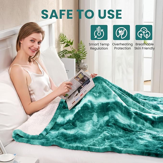 Electric Heated Throw Blanket 50"x60",Luxury Green Faux Fur Electric Throw Blanket,Fast Heating Soft Fluffy Thick Electric Blanket with 6 Heating Levels & 12H Auto Off