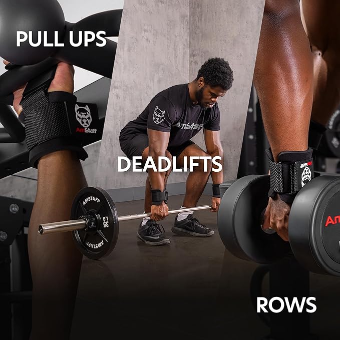 AmStaff Fitness Weight Lifting Hooks (Pair) - Gym Wrist Straps with Steel Hooks for Weightlifting, Pull-Ups, Deadlifts, Strength Training, and Fitness Workouts - Adjustable Neoprene Wrist Support