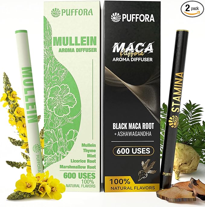 2 Pack, Maca Diffuser (Ashwagandha, B12, C) + Mullein Diffuser (Marshmallow Root, Mint) – Mixed Set, Herbal Anxiety Pen, Clean Breaths & Daily Vitality