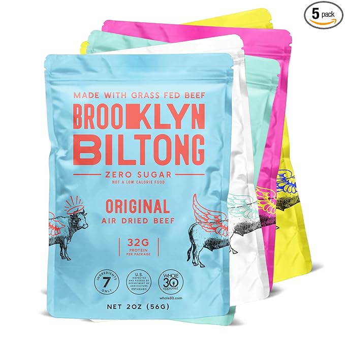 Brooklyn Biltong Beef Jerky Snack (2 oz, Pack of 5) - Grass Fed, Whole30, Zero Sugar, Paleo Friendly with No Artificial Ingredients, 32g of Protein per package, No Sugar Everyday Snack