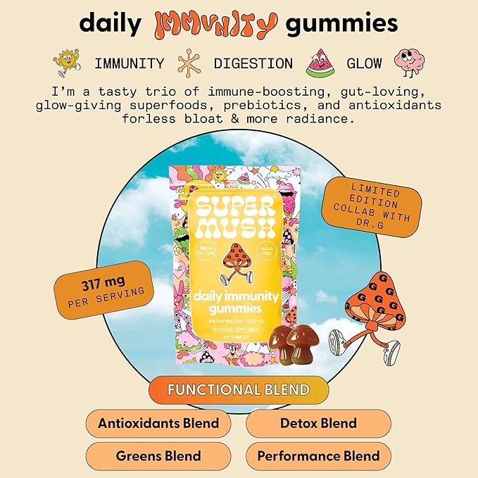 Dr. G Daily Greens Gummies - Lion’s Mane, Spirulina, Chlorella, Ashwagandha, Prebiotics & Vitamins C, D, Zinc - Sugar Free Greens Gummies for Immunity, Gut Health & Radiance - Vegan 60 Ct