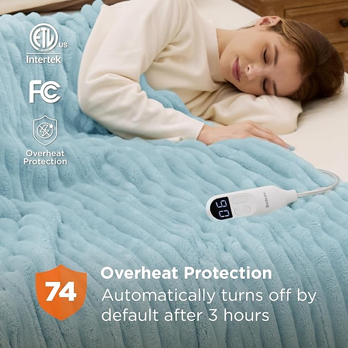 Bedsure Electric Blanket Full Size - Thick Striped Flannel Heated Blanket with 6 Heat Settings, 10 Time Settings, 8-Hour Timer Auto Shut Off, Gifts for Grandma (72x84 inches, Light Blue)