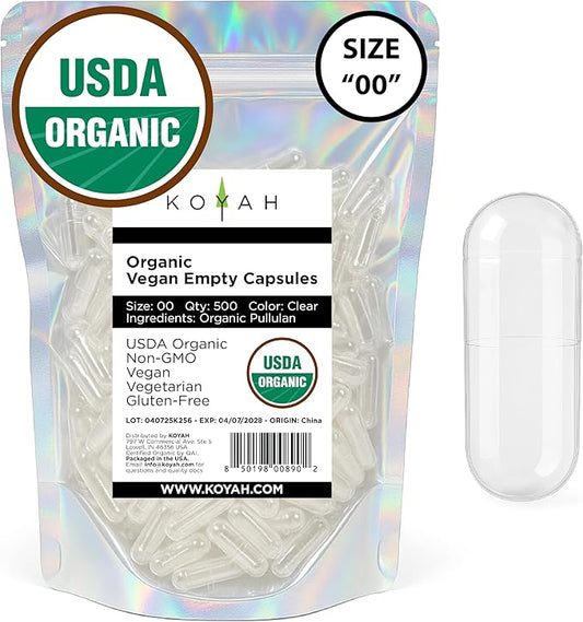 KOYAH Certified Organic Empty Pullulan Capsules: Size 00, Vegan, Gluten-Free, Non-GMO, Allergen Free – Ideal for DIY Supplements (500 Count)