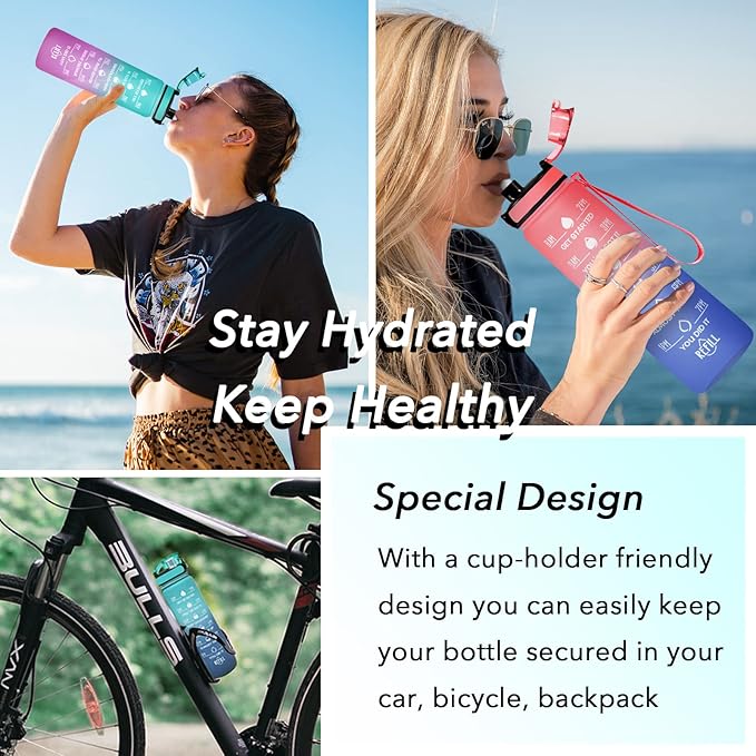 Enerbone Water Bottle, Leakproof BPA & Toxic Free, Motivational Water Bottle with Times to Drink and Straw, Fitness Sports Water Bottle with Strap for Office, Gym, Outdoor Sports