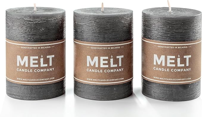Set of 3 Pillar Candles 3" x 4" Unscented Handpoured Weddings, Home Decoration, Restaurants, Spa, Church Smokeless Cotton Wick - Dark Grey