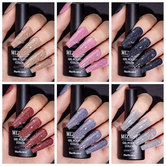 MIZHSE Reflective Glitter Gel Nail Polish, Holographic Glitter Gel Polish Set Sparkly Shiny Bling Nail Polish Soak Off UV/LED Nail Art Manicure Kit