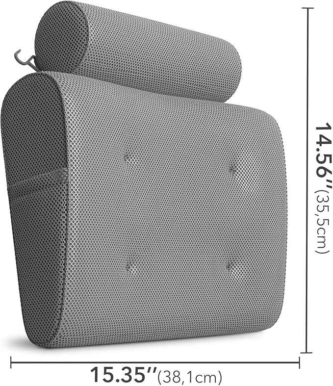 Everlasting Comfort Luxury Bath Pillows for Tub with Head and Neck Support - Non-Slip Bathtub Pillow with Suction Cups, Quick-Drying Mesh & Drying Hook - Jacuzzi & Spa Accessories for Women - Gray