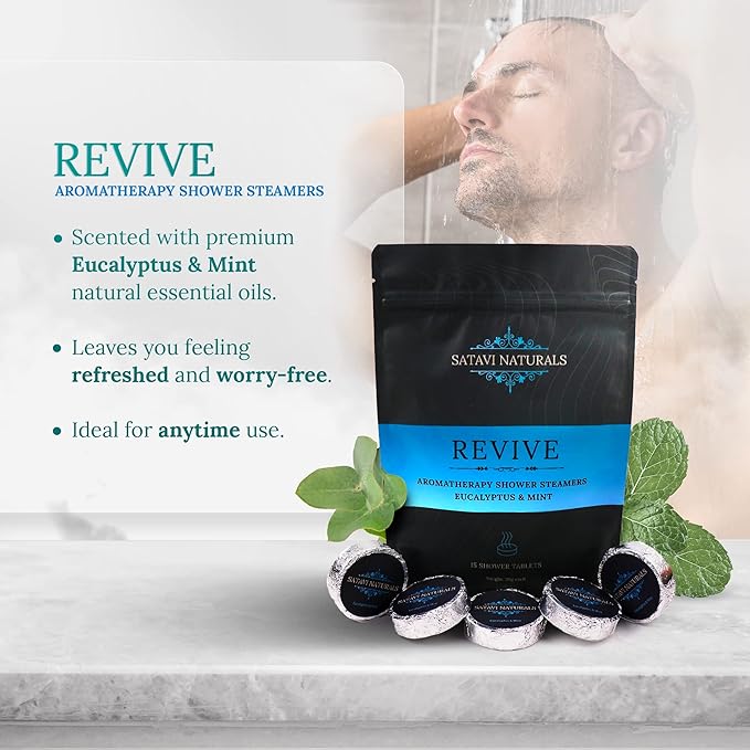 Aromatherapy Shower Steamers (15-Pack) Revive - Eucalyptus & Mint Scented Vapor Tabs for Self-Care, Aromatic Shower Bath Bombs, Natural Essential Oils for Women & Men