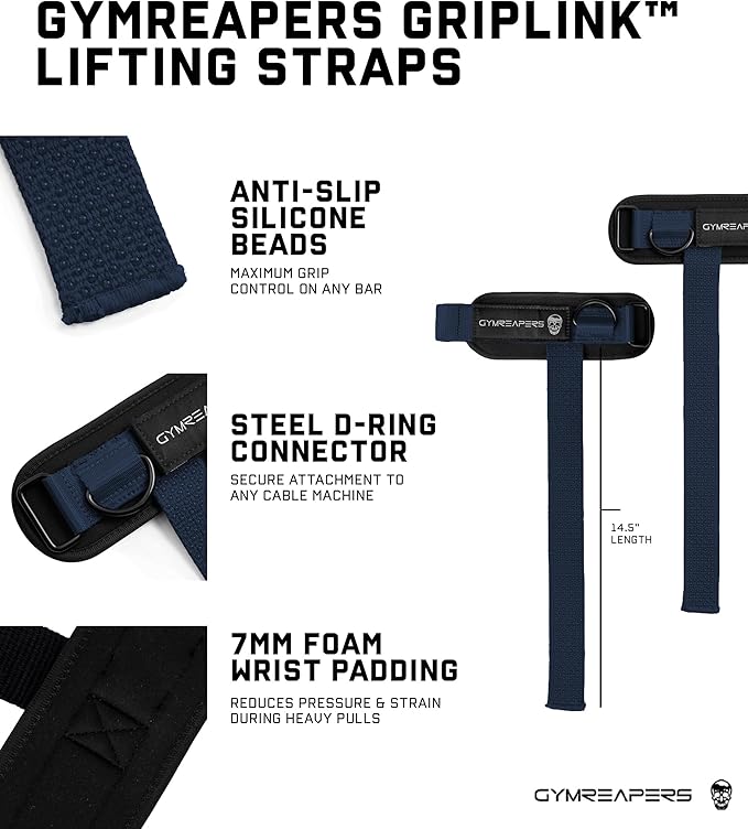 Gymreapers GripLink Lifting Straps – Heavy Duty D-Ring Weight Lifting Wrist Straps with Anti-Slip Silicone Grip Beads, Cushioned & Adjustable Support for Deadlifts, Powerlifting, Cable Machines & Gym Training