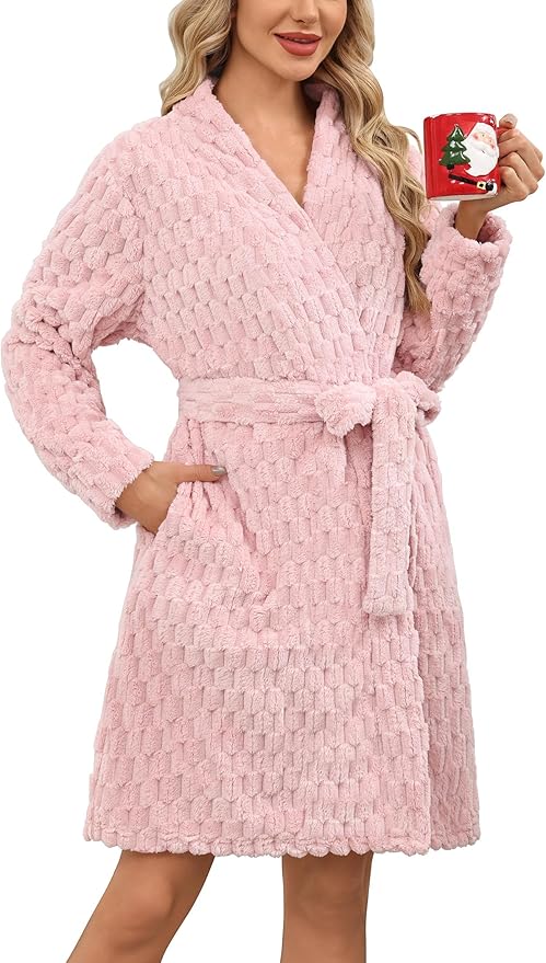 Ekouaer Women's Robes Short Plush Bathrobe Knee Length Warm Soft Jacquard Robe Winter House Coat with Pockets S-XXL