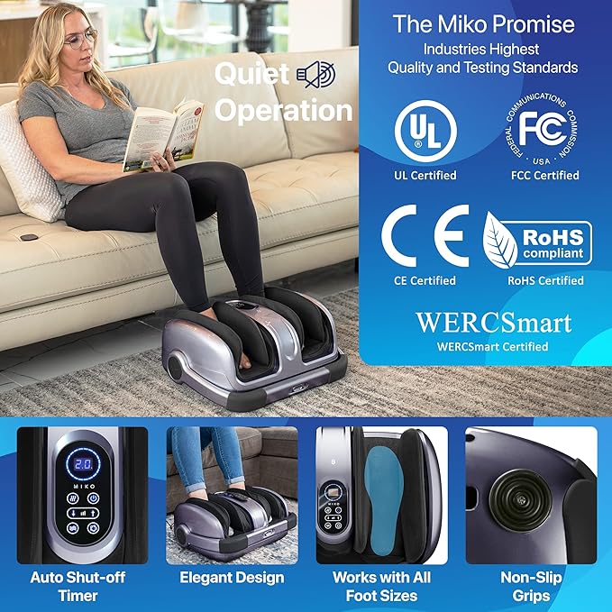 MIKO Shiatsu Foot Massager Machine Deep Tissue Massage Improves Circulation, Blood Flow with Deep Kneading, Heat Therapy - Plantar Fasciitis, Neuropathy, Diabetics Fits Up to Size15
