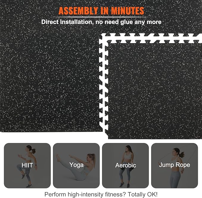 VEVOR 0.56 Inch Thick Gym Floor Mats, Rubber Top with EVA Foam, 25" x 25" Gym Flooring Workout Mats, Interlocking Puzzle Gym Mats for Gym, Home, Garage