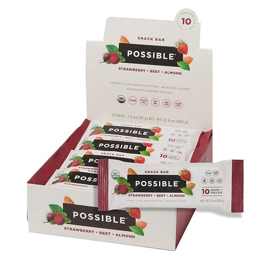 POSSIBLE Snack Bar - Organic Energy Bars with 10g of Plant-Based Protein - Vegan, Gluten-Free, Non-Dairy, USDA Organic - Healthy Fats - Clean Label - 1 Box, 12 Servings - Strawberry Beet Almond