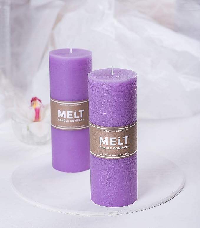 Set of 2 Pillar Candles 3" x 8" Unscented Handpoured Weddings, Home Decoration, Restaurants, Spa, Church Smokeless Cotton Wick - Lilac