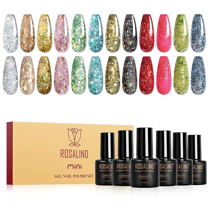 ROSALIND Glitter Sequins Gel Polish - 12 Colors Glitter Gel Nail Polish Set Stellar Shiny Effect Soak Off UV Set Super Sparkling Nail Art Collection Manicure Gift for Women