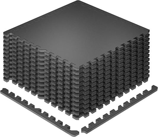 SUPERJARE 0.79'' Extra-Thick Exercise Equipment Mats, 12 Pcs 48 Sq Ft Rubber Top Floor Tiles with High Density EVA Foam, Interlocking Gym Flooring for Home Gym, Workout Mat, Black