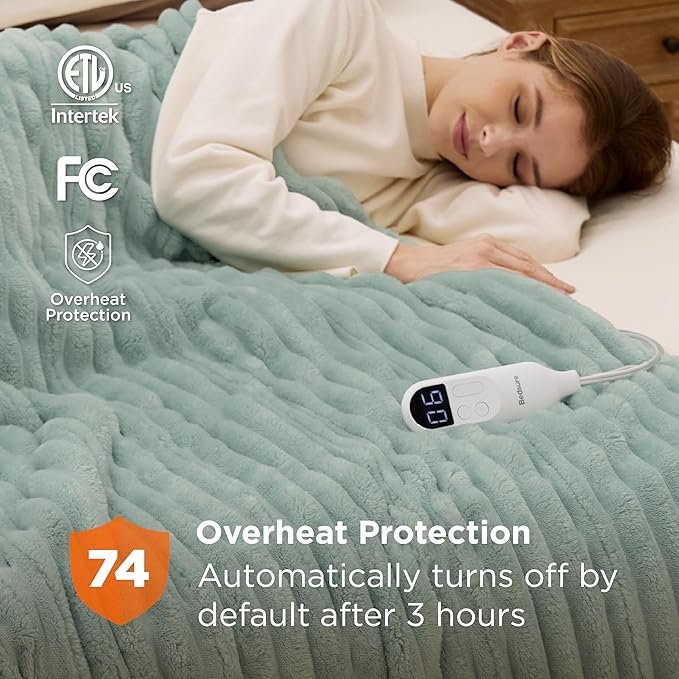 Bedsure Electric Blanket Twin - Thick Striped Flannel Electric Blanket, Heating with 10 Time Settings, 6 Heat Settings, and 8-Hour Timer Auto Shut Off, Gifts for Grandma (62x84 inches, Green)