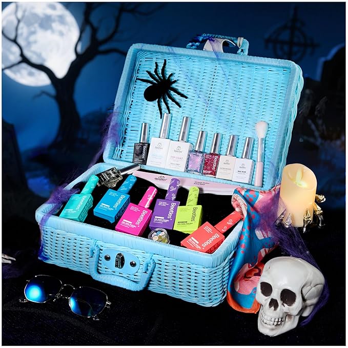 Beetles Halloween Gel Nail Polish Set with Mini LED Nail Lamp Purple Red Green Yellow Gel Polish with Base Top Coat Nail Art Brushes Salon DIY Gift Basket for Women