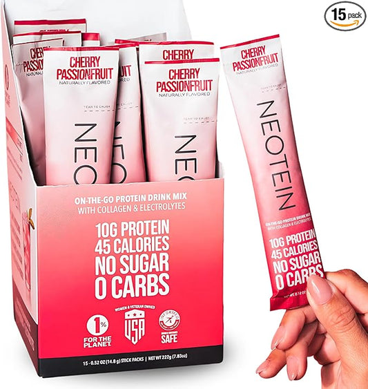 NEOTEIN: Electrolyte Powder Packets, Protein Powder with 10g Protein & Collagen | Hydration Packets - Zero Sugar, NO Fillers, NO Carbs | Cherry Passionfruit | 45 Calories | Keto & Paleo | Pack of 15