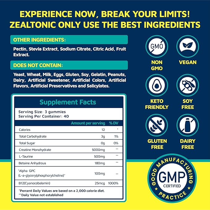 Creatine Monohydrate Gummies 5800mg with Betaine & Alpha GPC | 0 Sugar | Pre Workout Energy Booster for Men & Women | Muscle Growth & Boost Strength & Faster Recovery | (120, Pineapple)