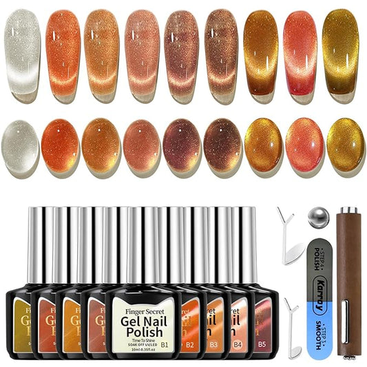 Gel Nail Polish Set, Cat Eye Gel Polish Kit, Holographic Reflective Magnetic Shimmer Nude Neutral Tortoise Terracotta Brown Orange Gel, Manicure Salon DIY, Soak Off, UV/LED Cured (9 Colors B)