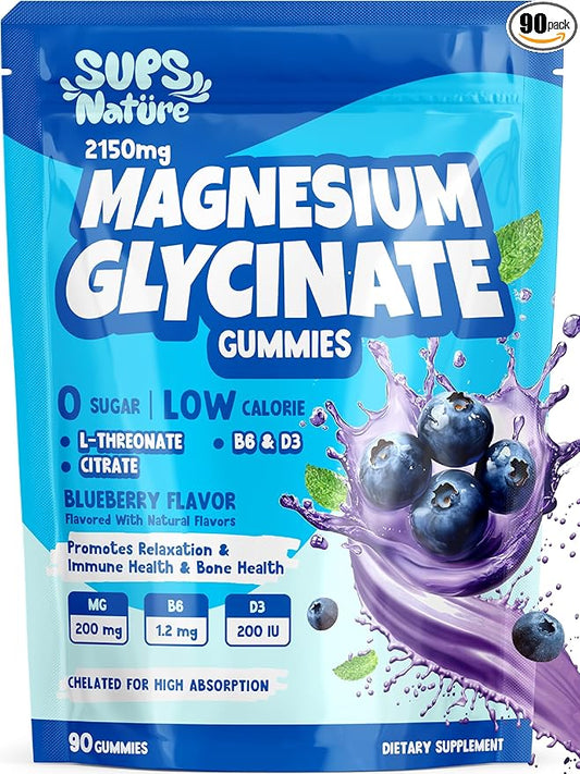 Magnesium Glycinate Gummies 2150 mg with Magnesium L-Threonate for Adults, Melatonin Free, High Absorption, Blueberry Flavor, 90 Count
